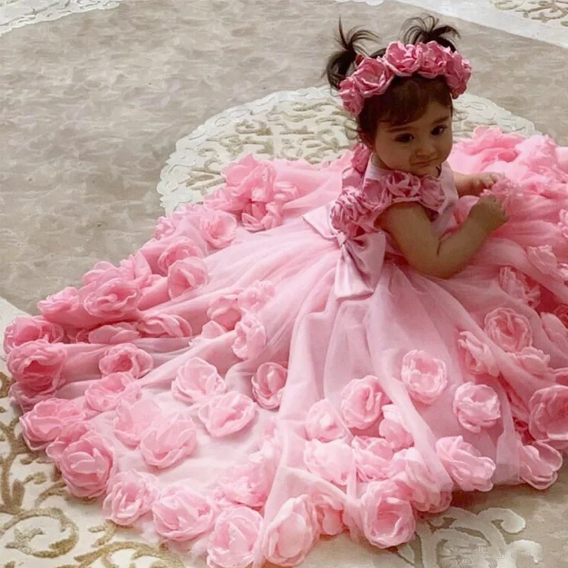 Hot Pink Flower Girls Dresses O Neck A Line Girl Pageant Gowns fiori fatti A mano lunghezza del pavimento abito da festa di compleanno