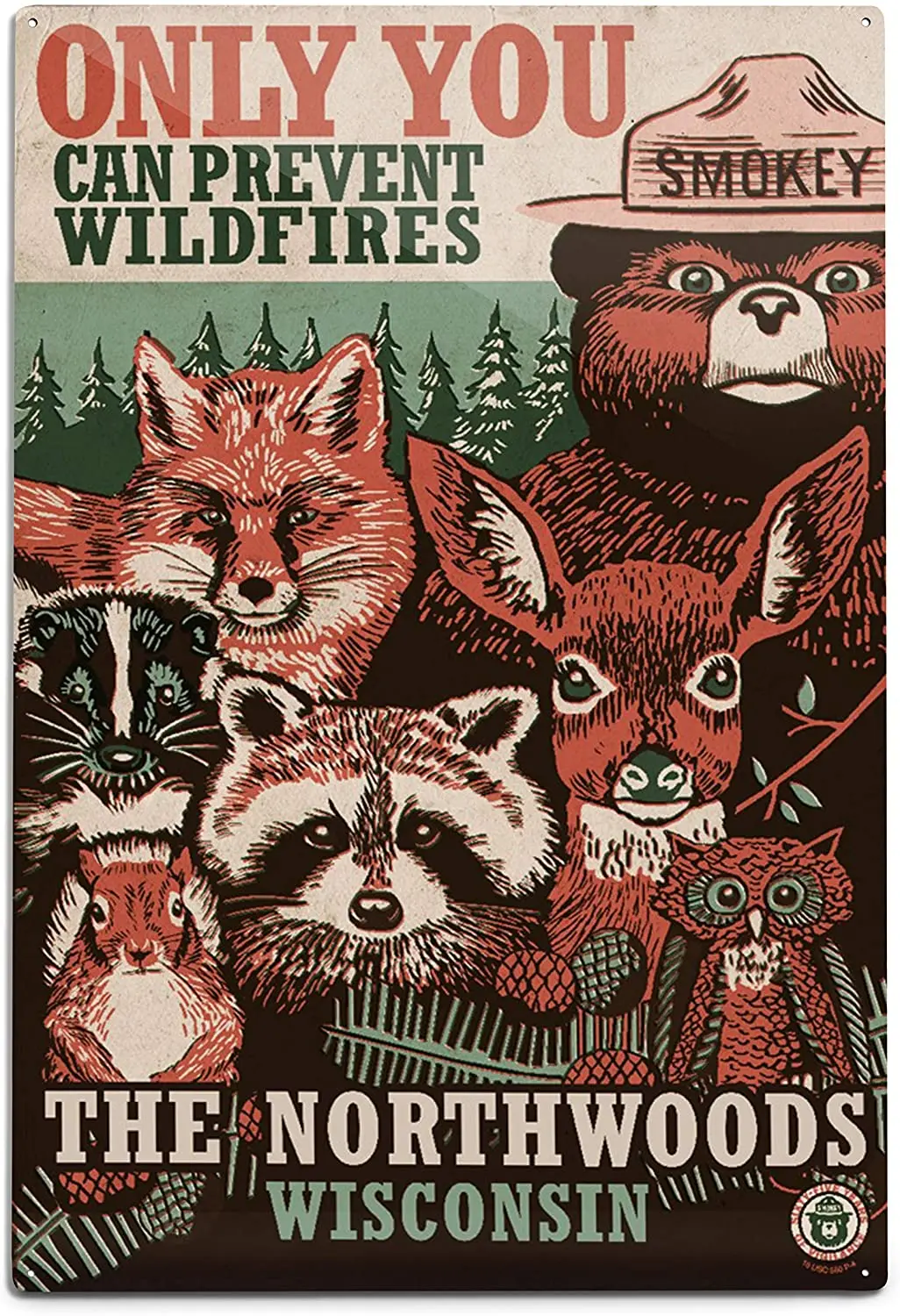 Lantern Press Northwoods, Wisconsin, Smokey Bear and Woodland Creatures 98509 (12x18 Aluminum Wall Sign, Metal Wall Decor)