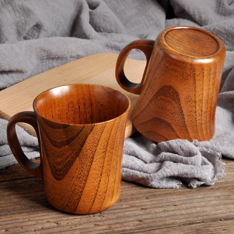 280ml Wood Coffee Mug Retro Hand-made Wooden Beer Mug Coffee Tea Cup with Handle Solid Wood Cups and Mugs Home Office Drinkware