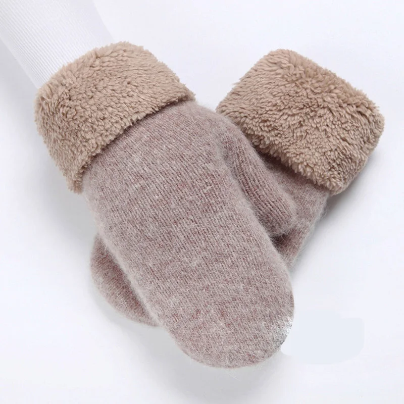 Korean Women Wool Cashmere Knit Warm Mitten Female Winter Plus Velvet Thicken Double Layer Plush Full Finger Driving Gloves I81