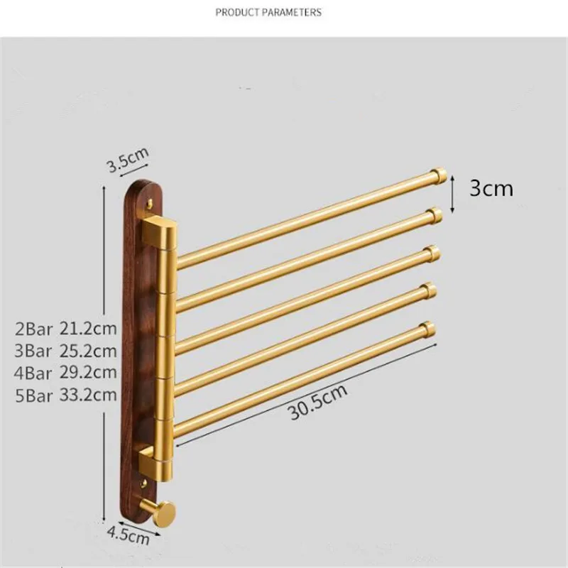 Tuqiu Swivel Towel Hanger Brushed Gold Wood Towel Bar Wall Mounted Folding Bathroom Towel Rail Rack Bathroom Towel Holder