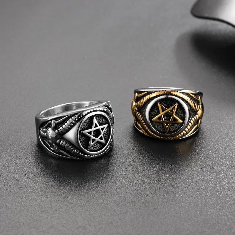 Men Stainless Steel Pentagram Rings Satan Baphomet Goat  Devil Demon Ring Vintage Jewelry Wholesale