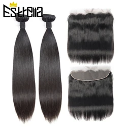 Pacotes brasileiros de cabelo reto com fechamento frontal do laço, cabelo humano Remy, pré-arrancado, 2 pacotes, 13x4