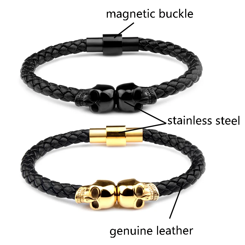 Stainless Steel Genuine Leather Bracelet Cool Skull Skeleton Head Bangle Black Braided Viking Bracelet For Men Jewelry Gift