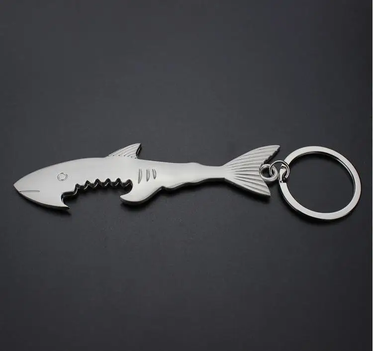 

500PCS Shark Shaped Bottle Opener Keychain Shaped Zinc Alloy Silver Color Key Ring Beer Bottle Opener Unique Gift Wholesale