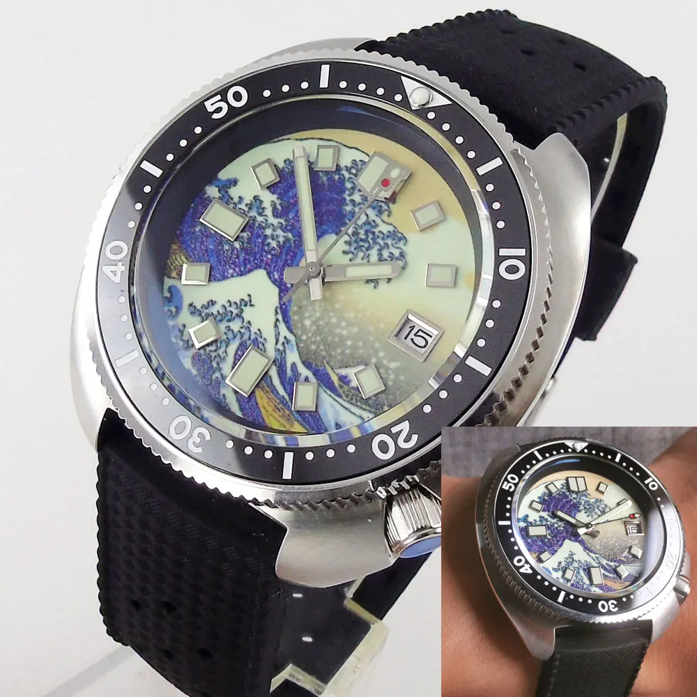 Japan NH35A Movement 44mm Sapphire Crystal Diver Men's Automatic Watch Kanagawa Dial C3 Lume Hands 200m Waterproof Date