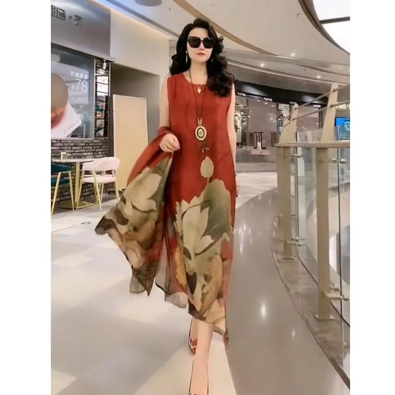 Silk Dress Two-Piece Women\'s Elegant Floral Plus Size Dress Casual Beach Vintage Long Dress mother dress 2023 Summer New Fashion