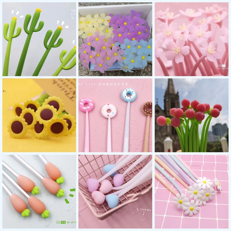 

4/3 pcs Soft silicone powder cherry gel gel pen, kawaii four-leaf clover gel pen, small fresh and cute cartoon sunflower pen