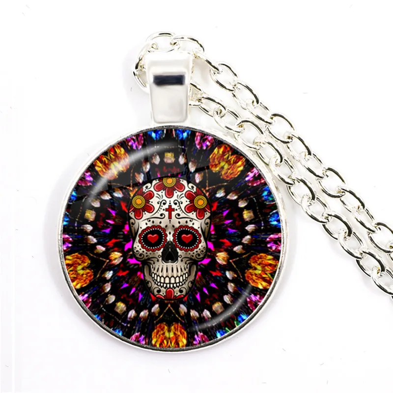 Classic Mexican Sugar Skull Necklace Glass Dome Skeleton Pendant Silver Color Chain Long Necklaces For Women Men Aesthetics Jewe