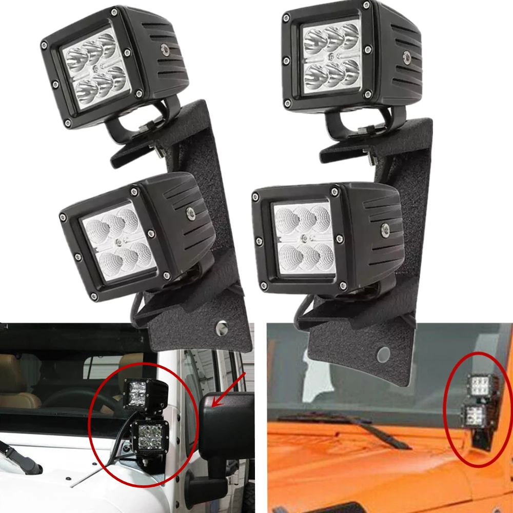 

A-pillar Bar Holder Mounting Brackets For 2007-2018 Jeep Wrangler JK 2 Door 4DR With 4pcs Car Led Work Lights 18W