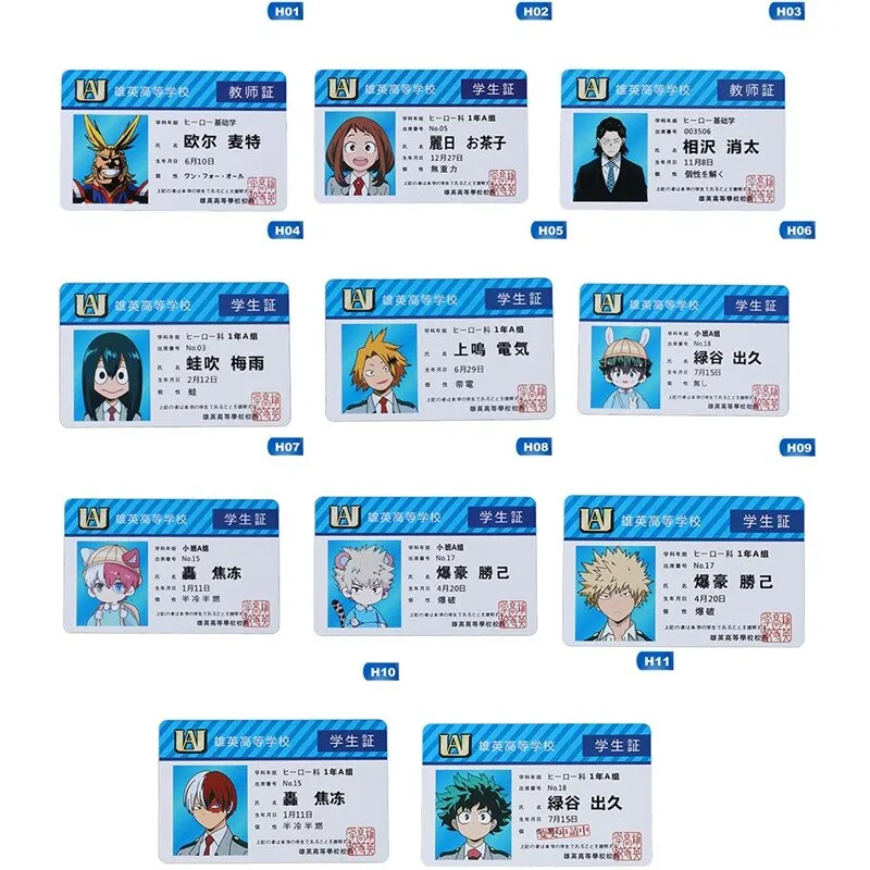 Anime Periférico Meu herói Academia PVC Student ID Card, Cartão Food School, 1Pc