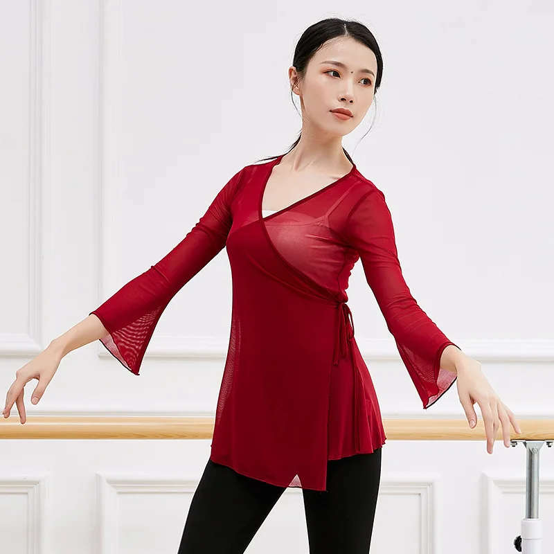 Sexy Transparent Classical Dance Shirt Long Sleeve Flowy Body Rhyme Gauze Top Women Folk Dance Practice Wear Light Weight