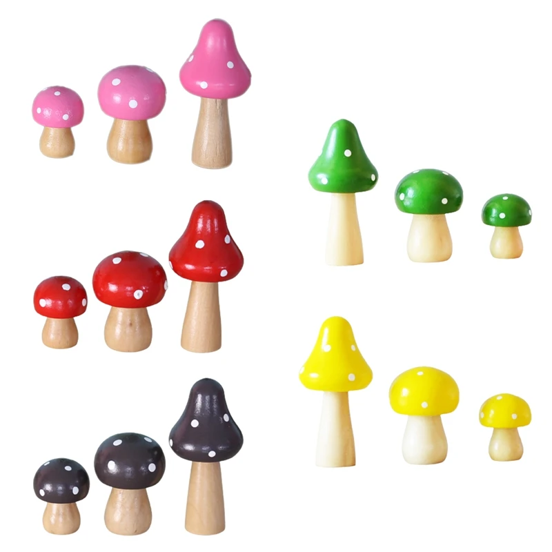 3pcs/Set Creative Cute Solid Wood Mushroom Ornaments  DIY Craft Home Garden or Miniature Potted Plants Decoration