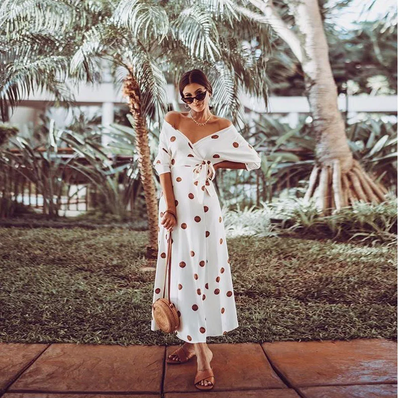 Women Off Shoulder Pilka Dots Bikini Cover Up Chiffon Beach Dress Robe De Plage Pareos De Playa MujerBeachwear Tunic