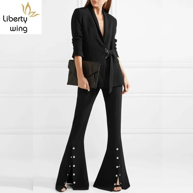 

Womens 2020 Summer Black High Waist Wrap Slim Fitness Trousers Femme Silver Button Split Flare Pants Elegant Office Lady