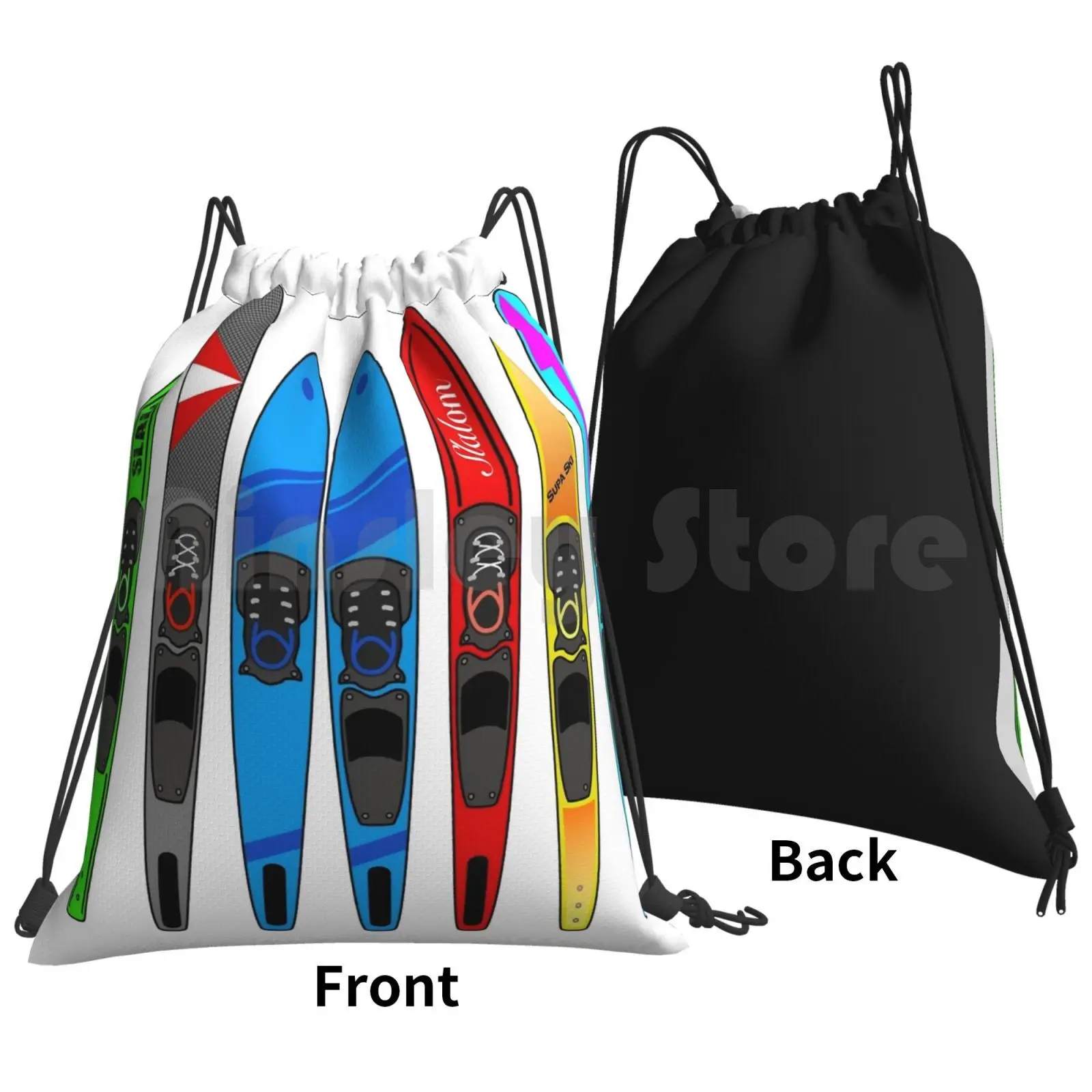 Rack Of Water Skis Backpack Drawstring Bags Gym Bag Waterproof Wakeboarding Water Sports Waterskiing Wake Skate Kit Surf