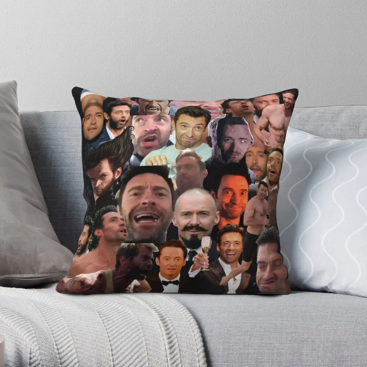 

Hugh Jackman's Many Faces Square Pillowcase Polyester Linen Velvet Zip Decor Throw Pillow Case Sofa Cushion Cover