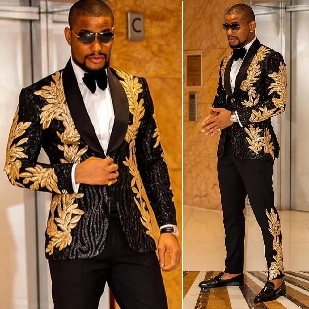 

2 Pieces Slim Fit Men's Shiny Sequins Gold Applique Suits Prom Tuxedos Grooms Jacket For Wedding Party Suits Set Blazer+Pants