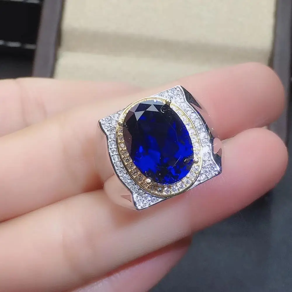 exquisite royal blue sapphire gemstone ring for men ring big gem good cut 925 sterling silver birthday gift big size 10x14mm