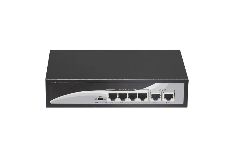 

6-port 10/100M switch, of which 1-4 ports support POE, IEEE 802.3af international standard, built-in total power 65W