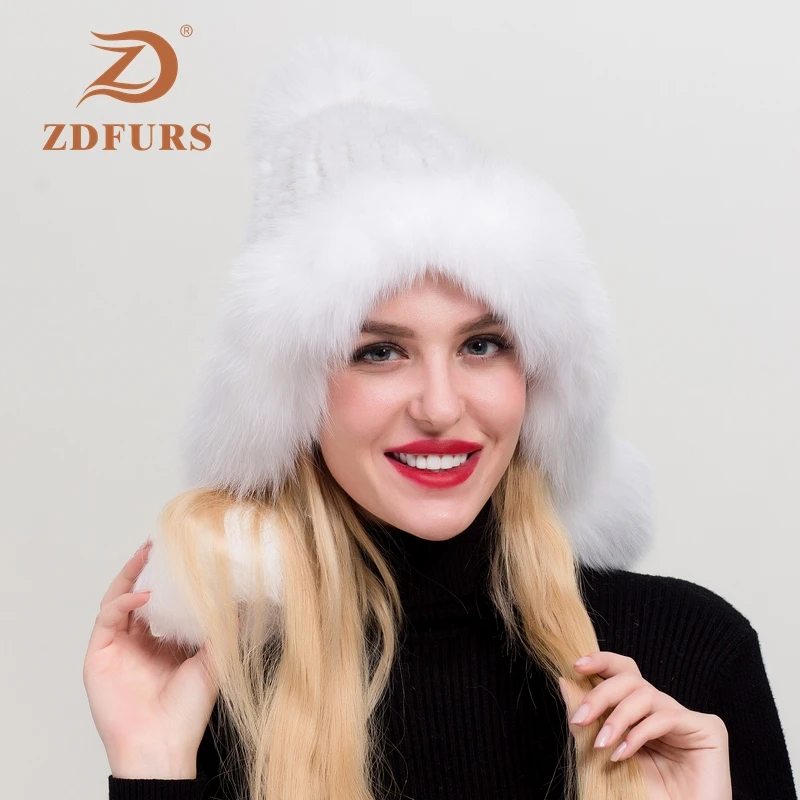 ZDFURS* Women's Winter Knitted Mink Fur Hat Ear Flap Fox Fur Pom Bomber Hats Caps Russian Hat Ushanka Trapper Snow Skiing