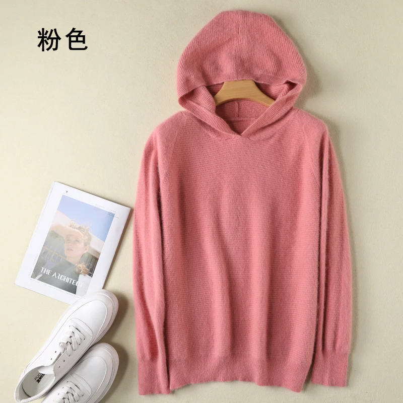 2024 Autumn Winter 100% Mink Cashmere Sweater Women Knitted Hooded Warm Lady\'s Grade Up Jumpers and Pullovers Soft Warm Tops