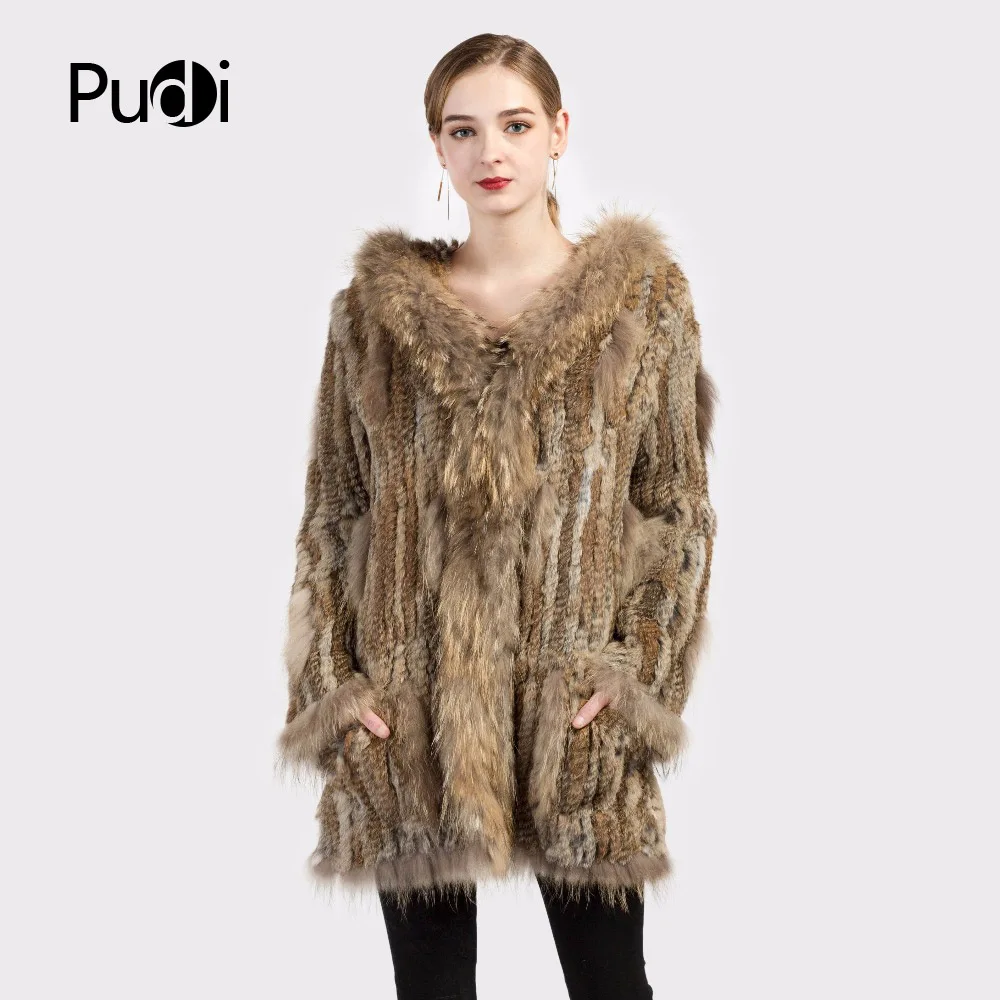 

CT7010 Women Knitted Real Genuine Real Rabbit Fur Coat Overcoat Jackets Garment & Raccoon Collar With Hood 80 Cm Length