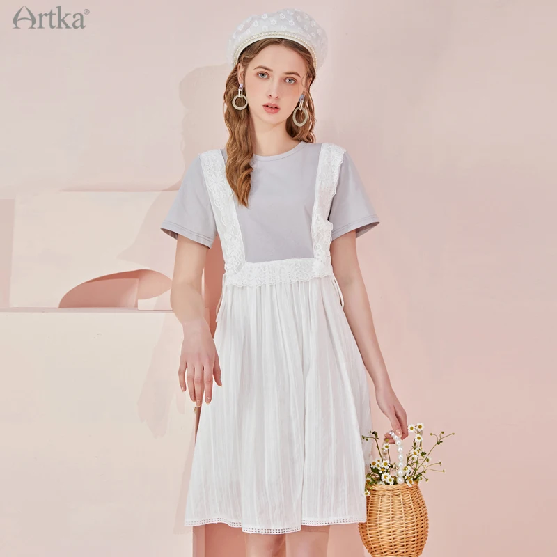 ARTKA 2021 Summer New Women Dress Elegant Lace Patchwork Fake Two Piece White Dress O-Neck Midi T-shirt Dresses LA22014X