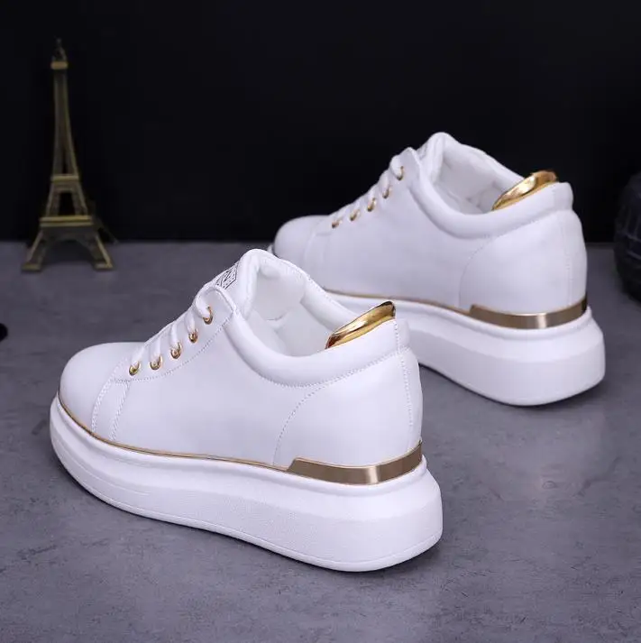 2023 Hidden Heels Women Platform Wedge Sneakers Ladies Leather Golden  White Shoes Female Krasovki Tenis Feminino Casual