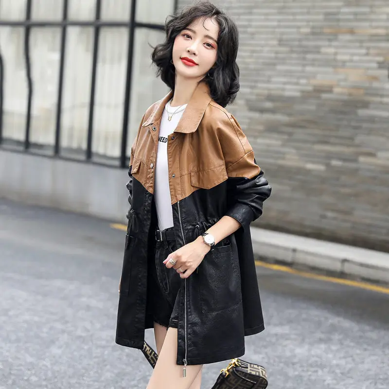 Leather Jacket Womens Clothing 2022 Spring Autumn New Korean Drawstring Waist Stitching PU Leather Windbreaker Coat e420