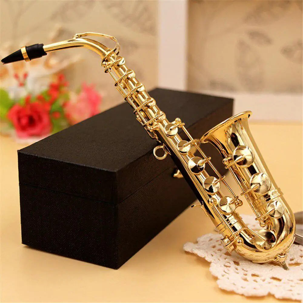 Mini Saxophone Model Musical Instruments Copper Display Sax Gold Color Pocket Sax Alto With Metal Stand for Home Decoration