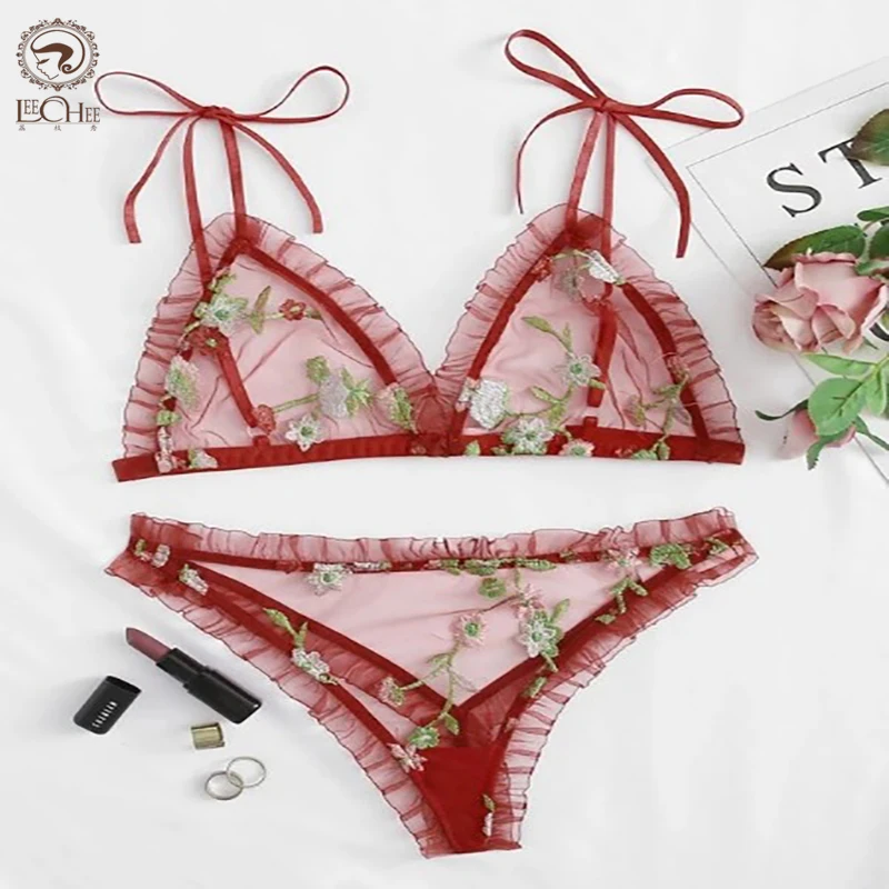 Leechee 4 Color Sexy Lingerie Set Floral Embroidery Bra For Women Gauze Underwear Sexy Bra And Panty Set Transparent Underwear