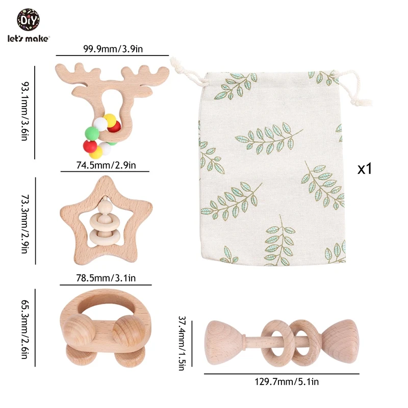 Letmake s fazer 4 pc/set chocalho do bebê conjunto de dentição mão faia de madeira animal elk estrela presente de natal chocalhos de madeira brinquedos educativos do bebê