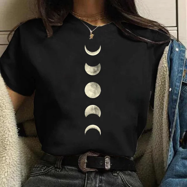 Koszulki z nadrukiem księżyca dla kobiet Harajuku Letnia koszulka Nowa moda Czarne topy Zabawna koszulka damska Casual Tee Odzież damska