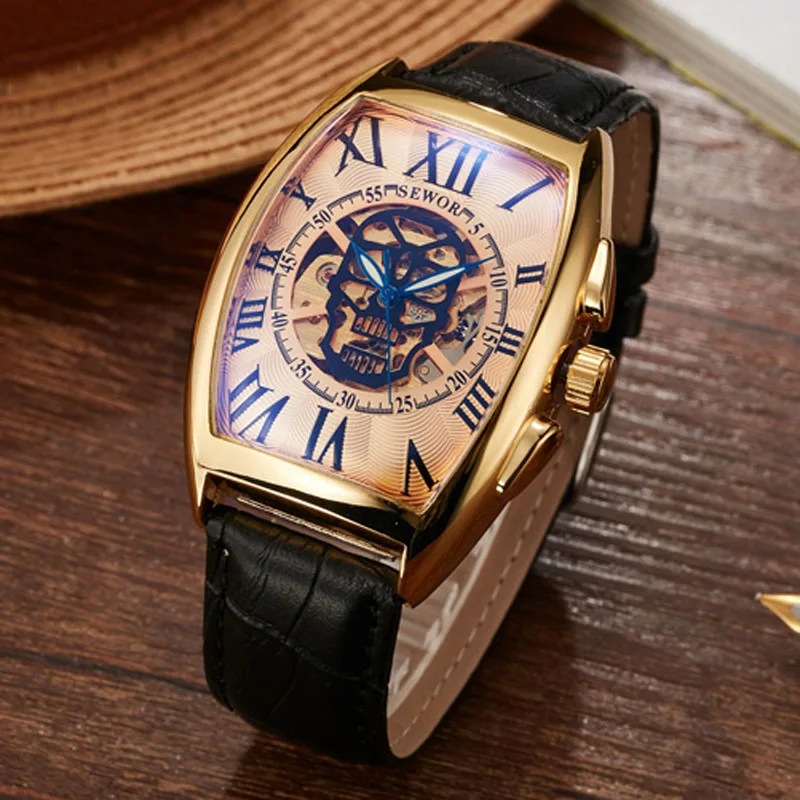 Luxury Gold Skull Watch Men Skeleton Watches Sewor Automatic Mechanical Wristwatches Men Tonneau Watches Clock Reloj Hombre