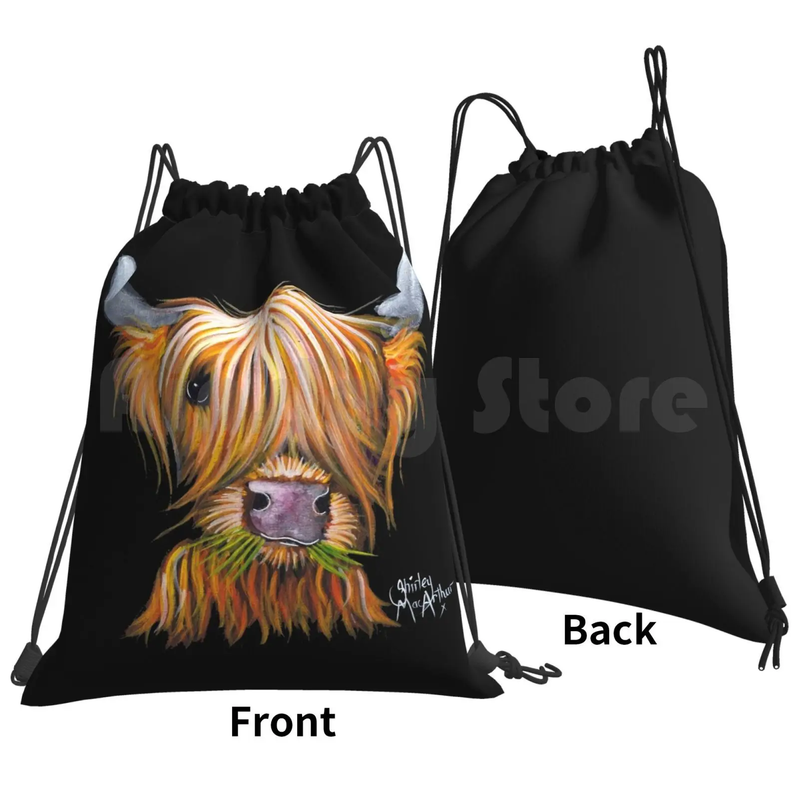 Highland Cow Print ' Little Viking ' By Shirley Macarthur Backpack Drawstring Bags Gym Bag Waterproof Highland Cow