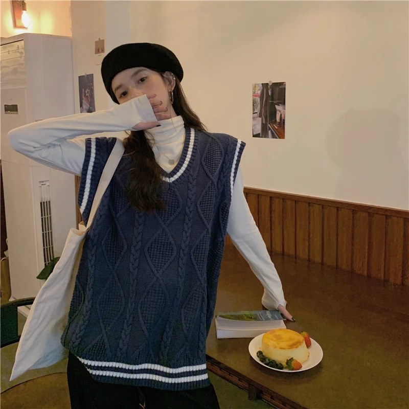 Sweater Vest Women Blue Spring Autumn BF Style V-Neck Patchwork Sleeveless Streetwear Loose-fitting Retro Knitted Design College