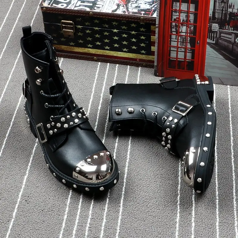 Punk Style Leather Boots Men\'s Short Metal Motorcycle Boots With high quality studded fashion gentleman\'s shoes