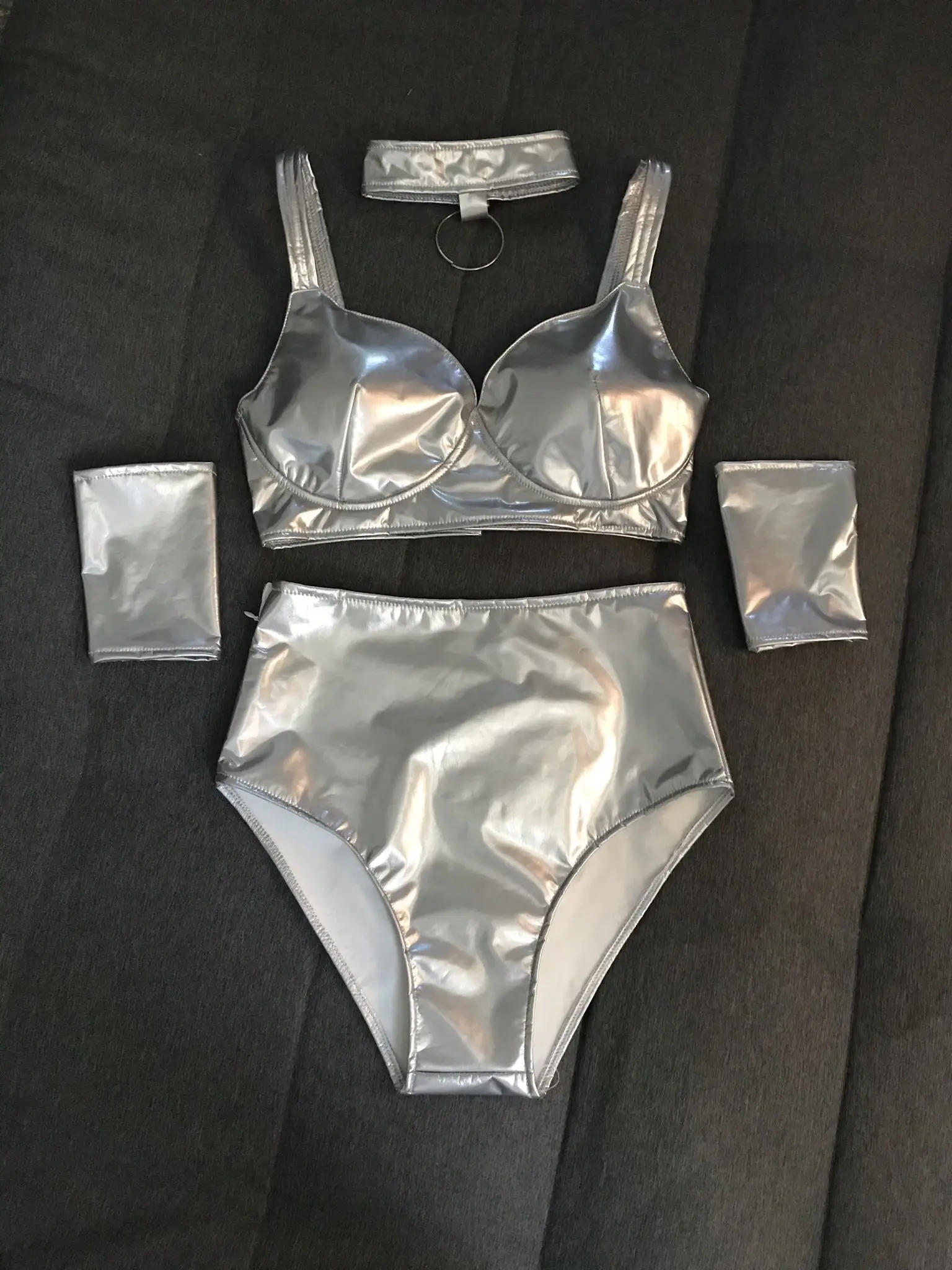 Elastic Patent Leather Bikini Set Sexy Nightclub Bar DJ Party Women Dancer Team Pole Dancing Costume Female Stage Wear