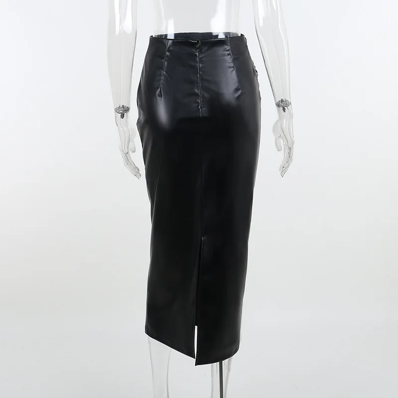 Women Autumn Sexy High Waist Bodycon Skirt Fashion Adults Slim-fit Solid Color Slit Leather Long Skirt Black/White