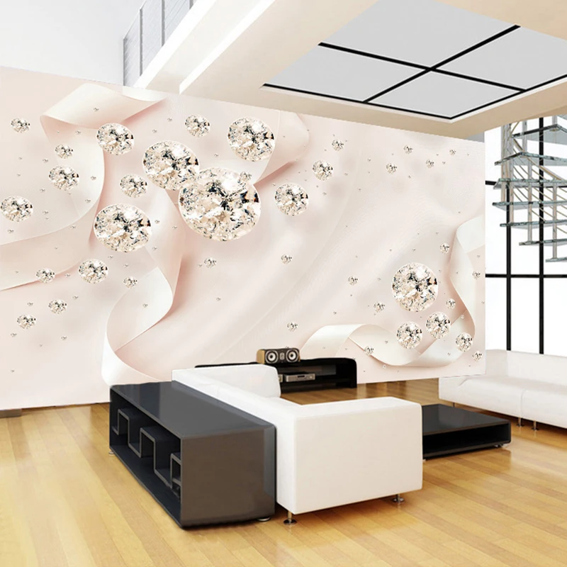 Custom Photo Wallpaper Modern 3D Creative Pink Ribbon Silk Wall Painting Diamond Jewelry Wall Decor Wallpaper For Bedroom Walls