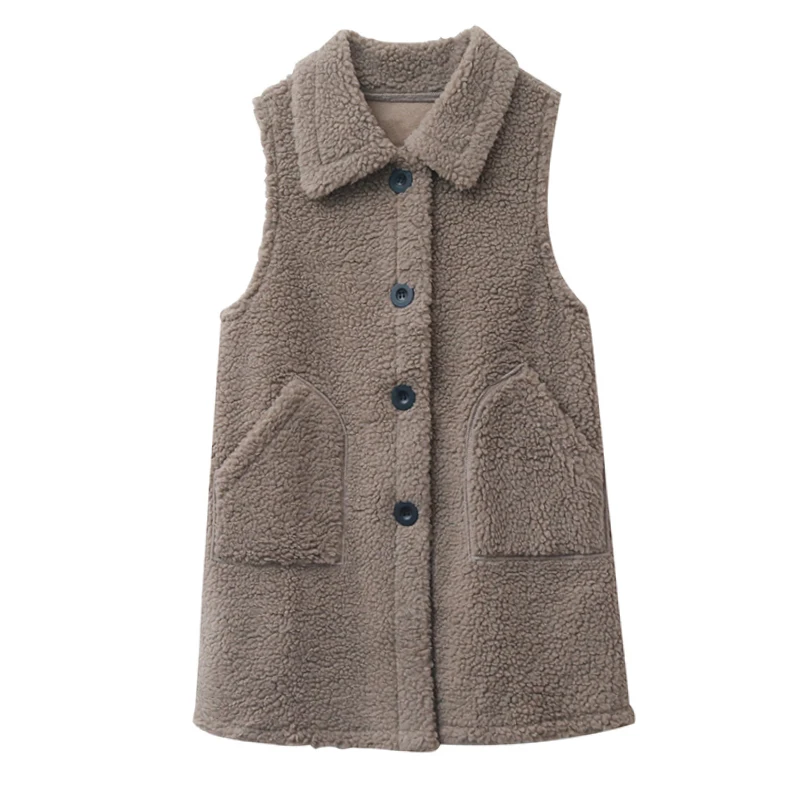 Women Long Vest Jackets 2021 Winter Lamb Wool Thicken Waistcoat Women Single Breasted Pocket Outwear Sleeveless Coat Garment