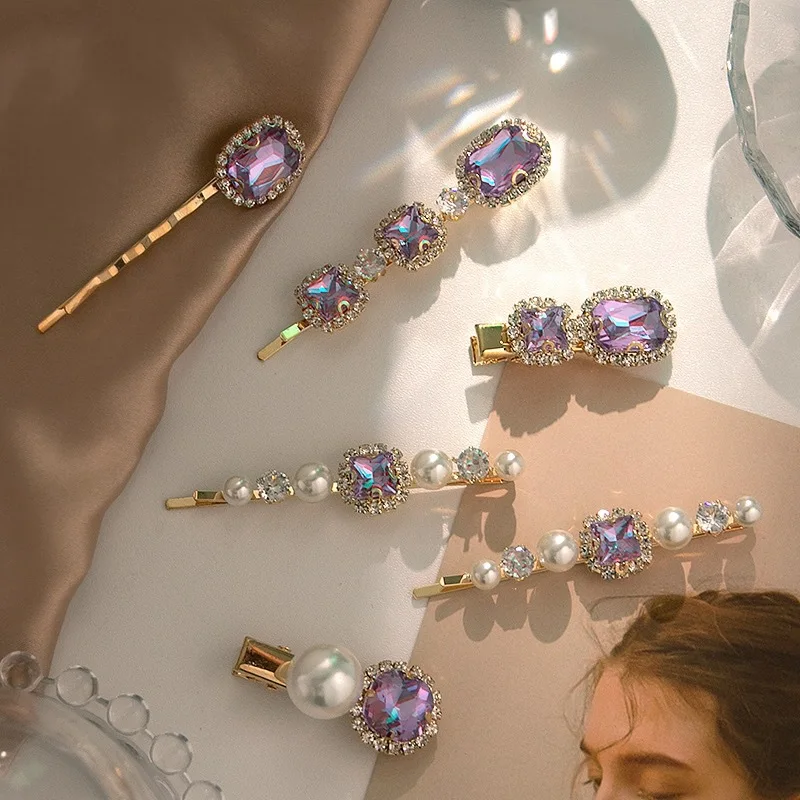 New Women Girls Luxury Purple Crystal Barrettes Sweet Hair Ornament Clips Elegant Hairpins Headband Fashion Hair Accessories