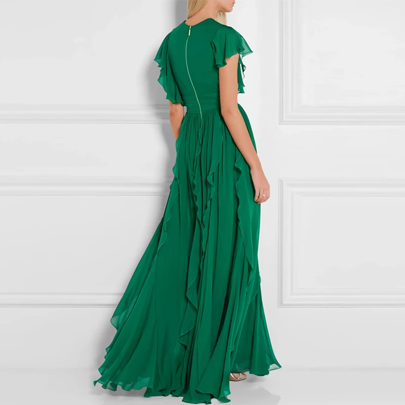 Royal Sister Goddess Fan V-neck Dress Heavy Industry Ruffled Slim High Sense Green Long Skirt  Dress