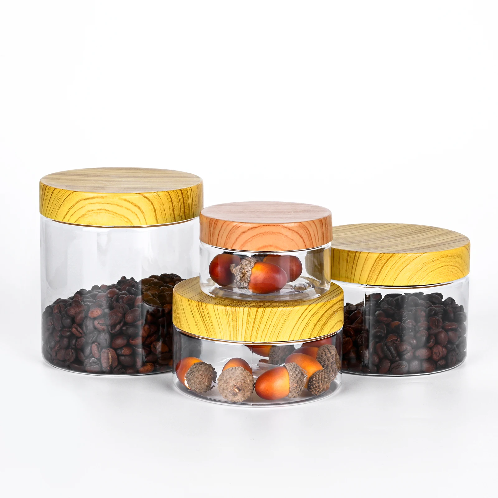 Food Transparent Plastic Bottle Body 100ml/200ml/300ml/500ml With Wooden Lid Container Kitchen Food Storage Cans Candy Jar
