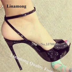 Linamong Charming Peep Toe Patent Leather Stiletto Heel Pumps Black Nude Ankle Straps Cross High Heels Party Dress Shoes Size 46