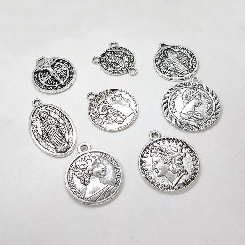 2025 New 10pcs 9 Styles Retro Plated  Zinc Alloy Big Religious Coin Pendants Connectors DIY Jewelry Accessories