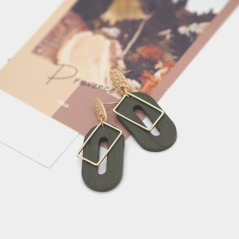 Antique Dark Solid Colors Brass Charm Polymer Clay Elegant Unique Oval Ring Dangle Pendant Statement Earrings Women Jewelry Wood