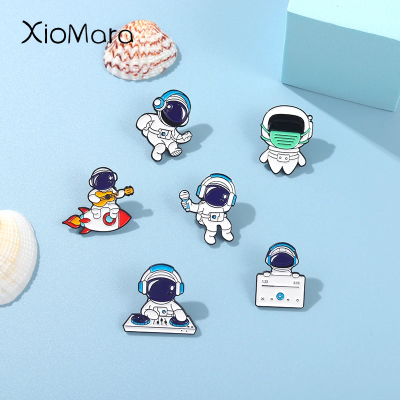 Cute Astronaut Rocket Enamel Pins Listening Music DJ Guitar Brooch Accessories Backpack Pin Badge Jewelry Gift for Women Men