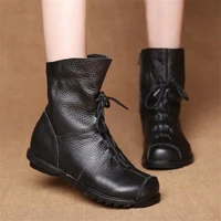 JIANBUDAN/ Genuine Leather Plush women's short Boots Retro Casual Autumn Winter Women's Boots Waterproof leather warm Snow boots - Image 2